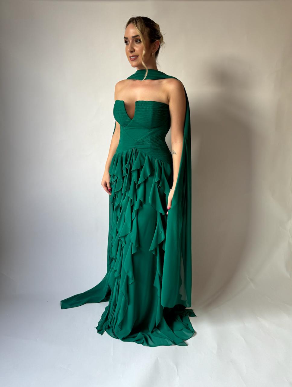 Vestido de Festa decote V e saia com babados verticais - COD 1019