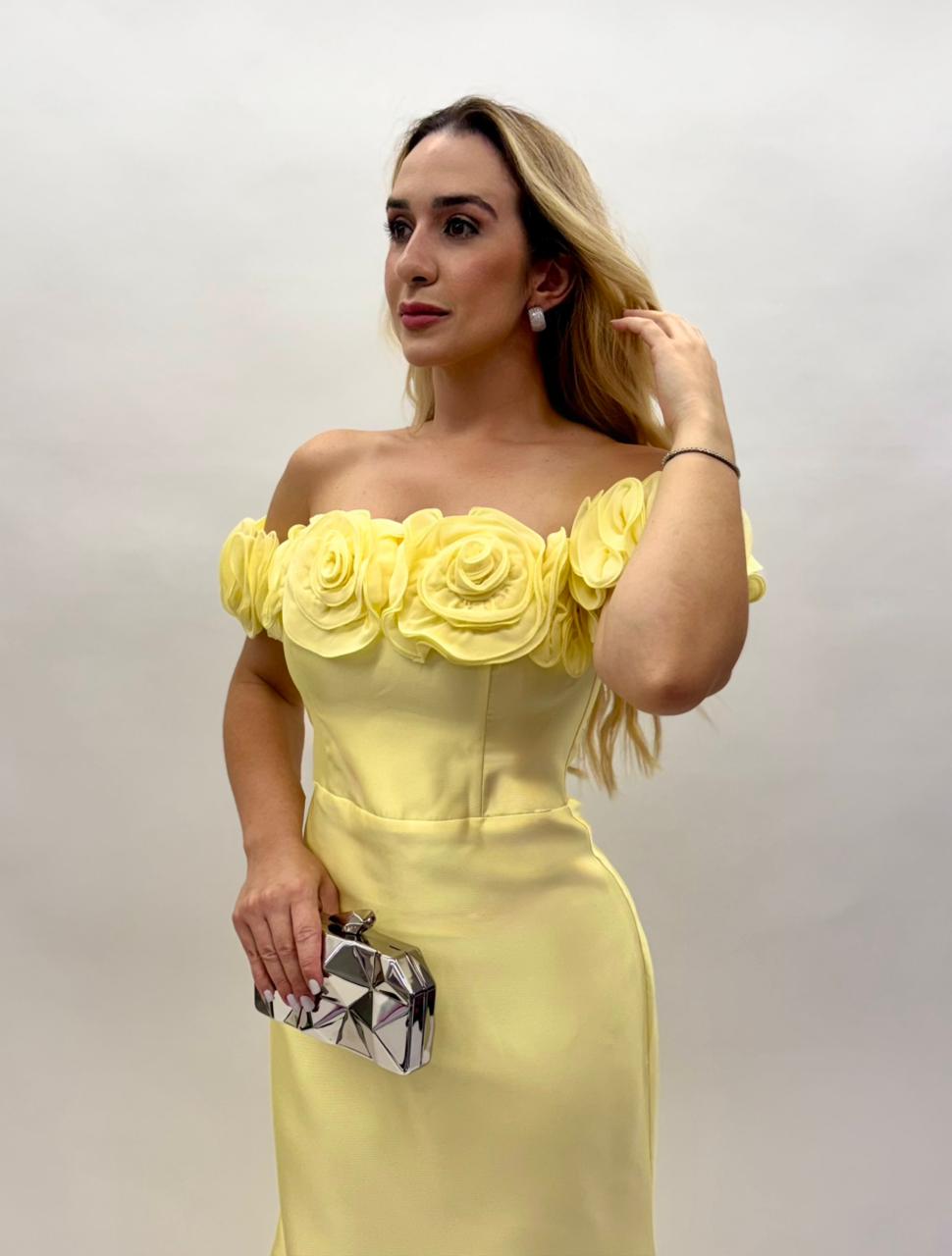 Vestidos ombro a ombro em Zibeline com flores - COD 1021