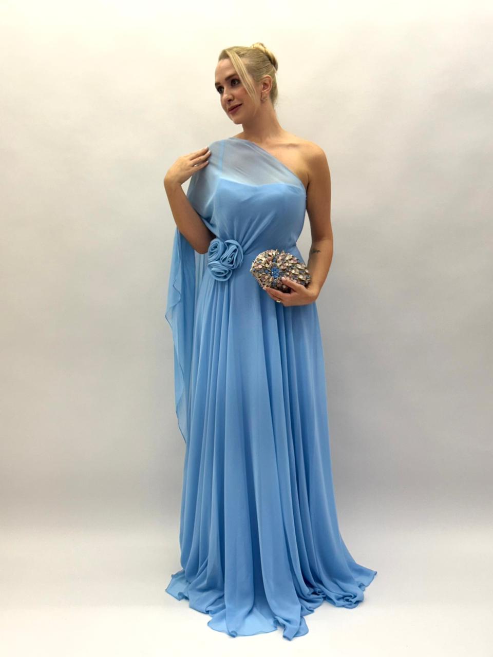 Vestido de Festa em musseline um ombro com flor - COD 1025