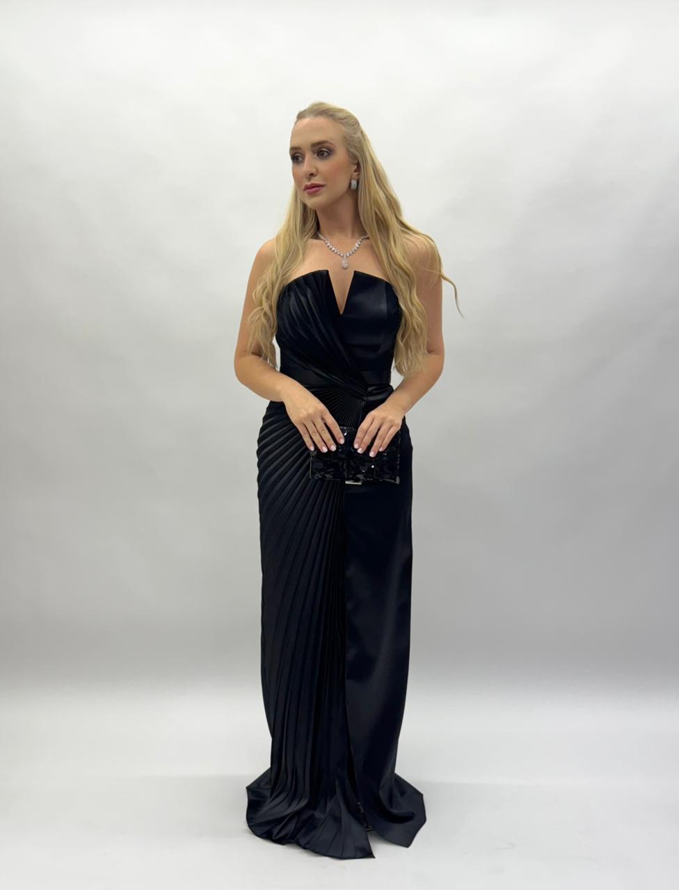 Vestido de Festa tomara que caia plissado e liso com cinto em crepe acetinado - COD 3004