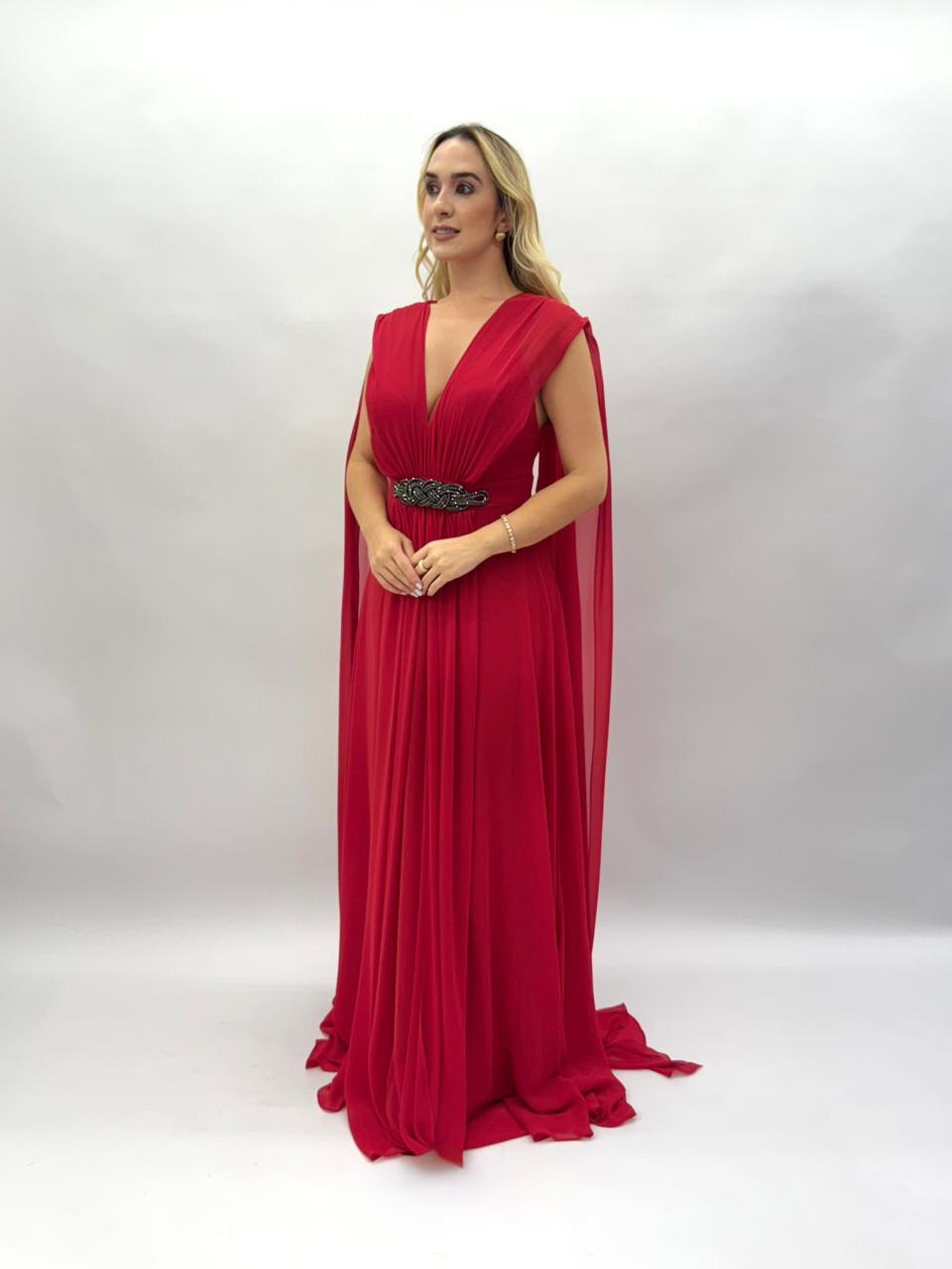 Vestido de Festa manga capa todo em chiffon com detalhe brilhoso  - COD 1017