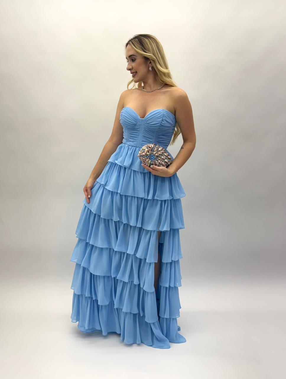 Vestido de festa tomara que caia com saia em babados - COD 1002
