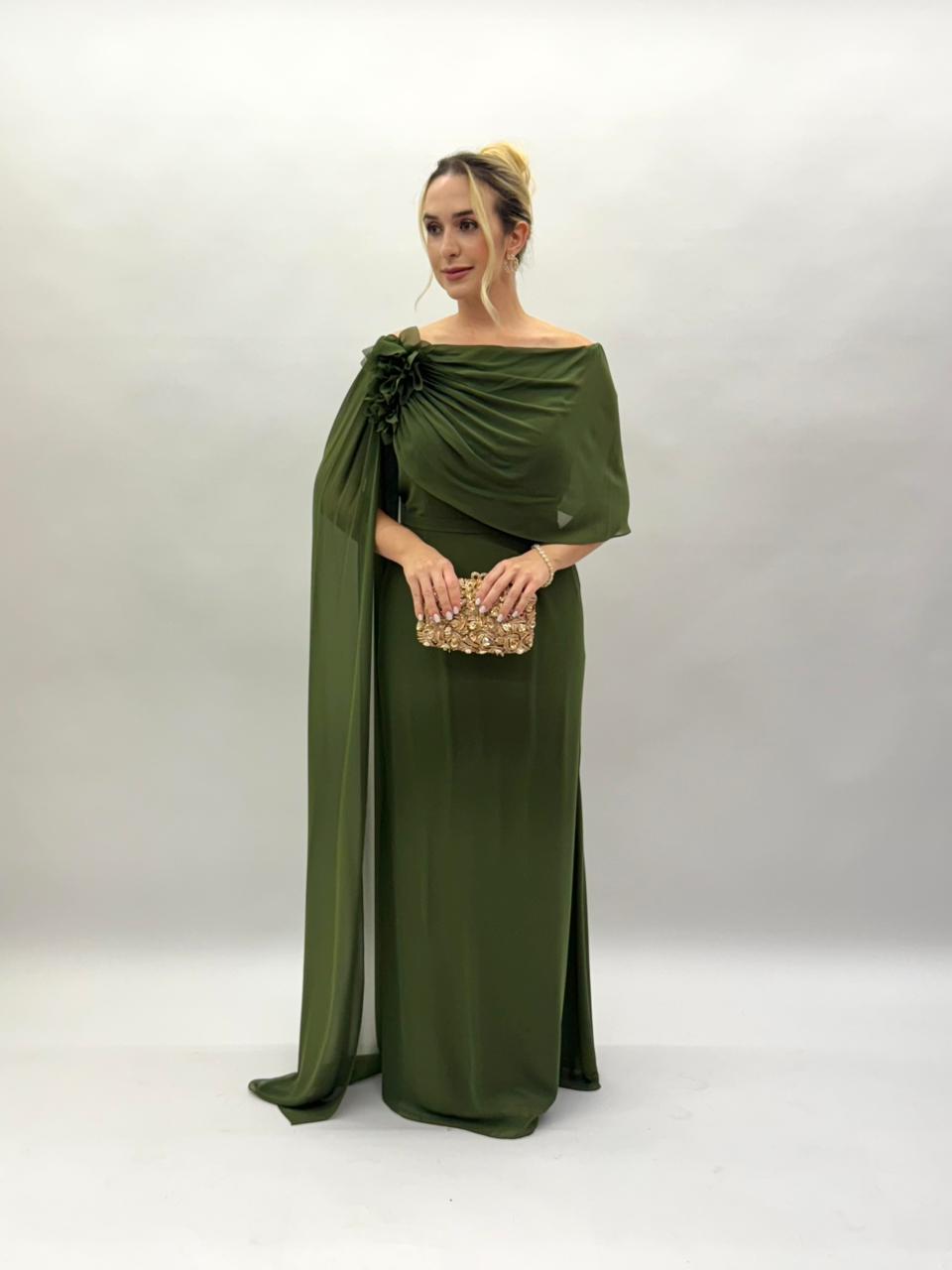 Vestido de festa em chiffon com capa lateral - COD 3001