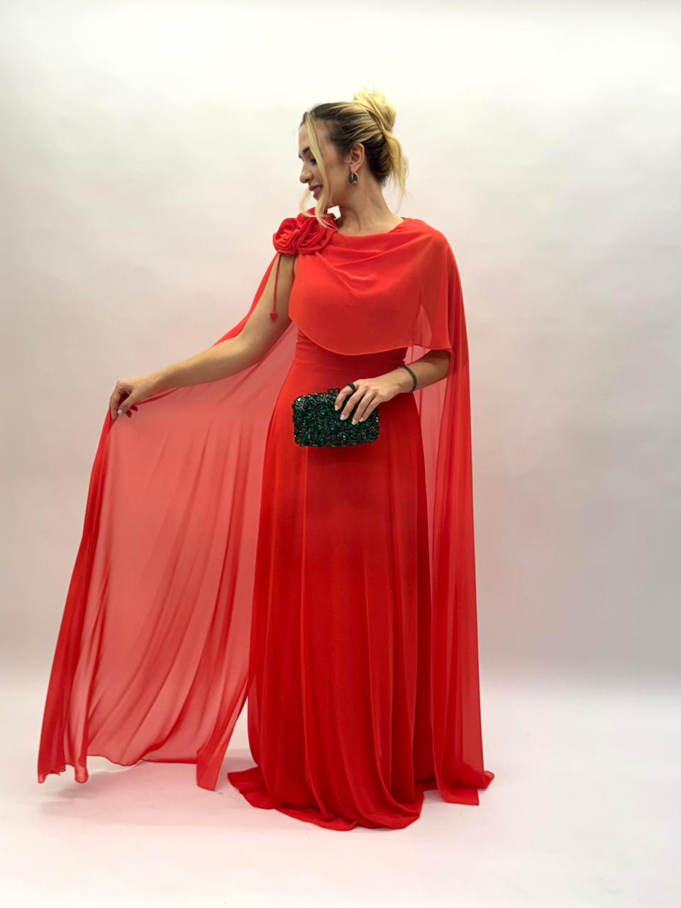 Vestido em musseline com capa e flor - COD 1022
