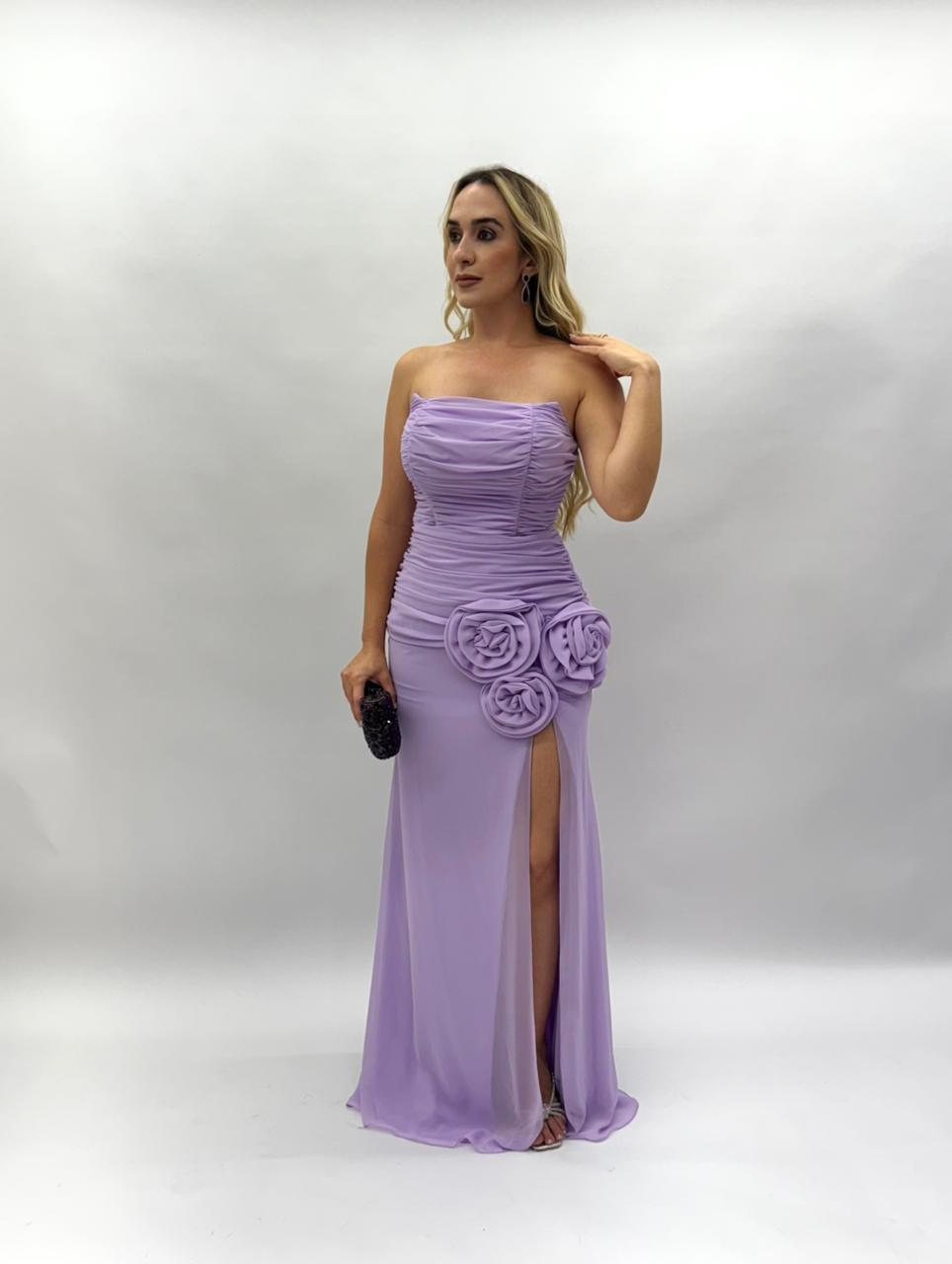 Vestido de Festa modelo corpete quadrado todo franzido em musseline - COD 1024