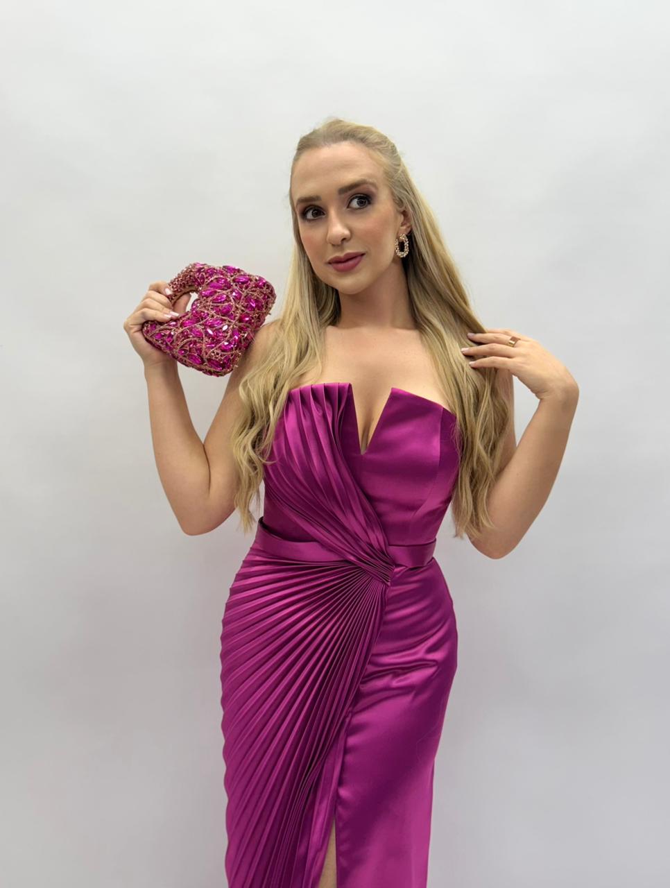 Vestido de Festa tomara que caia plissado e liso com cinto em crepe acetinado - COD 3004