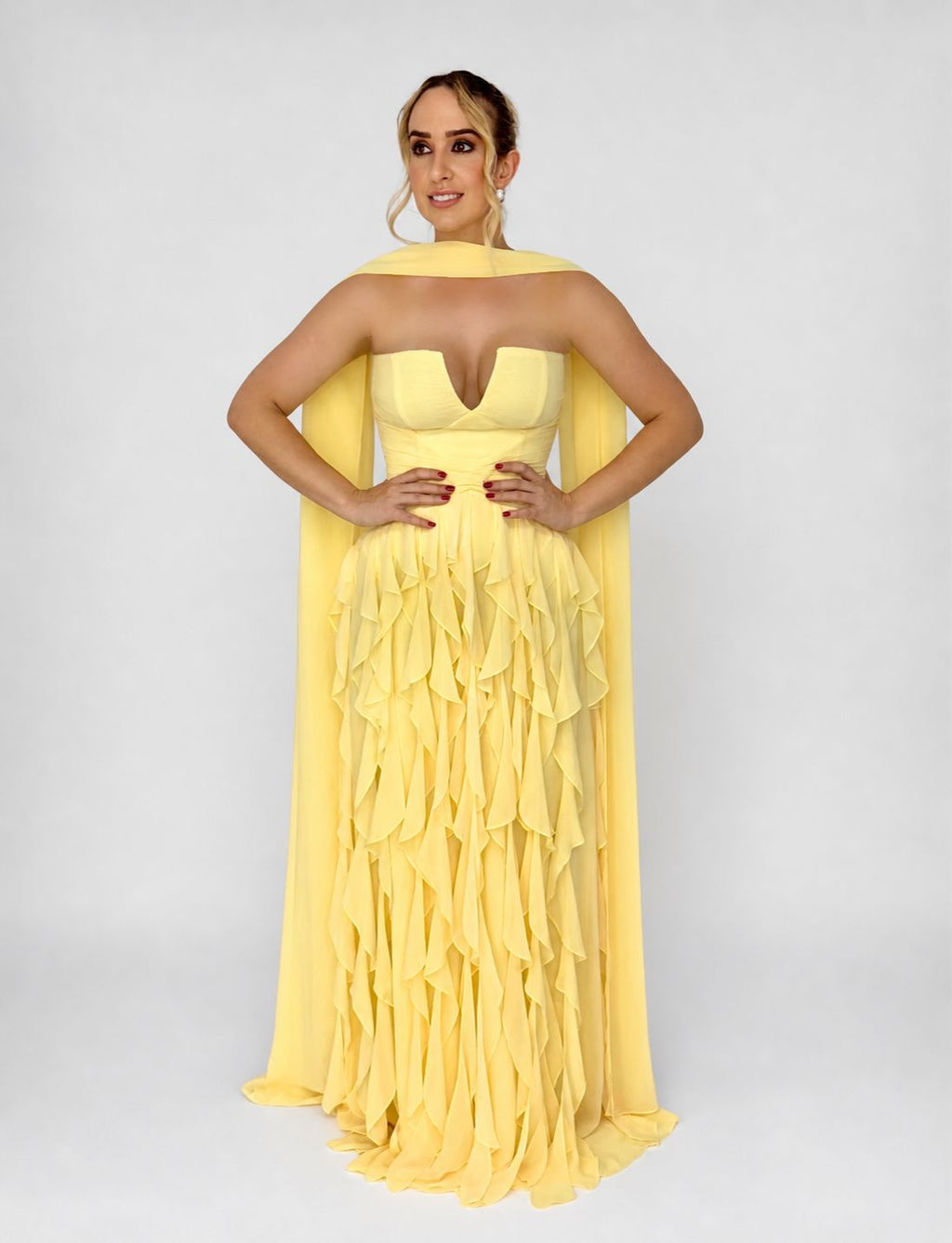 Vestido de Festa decote V e saia com babados verticais - COD 1019