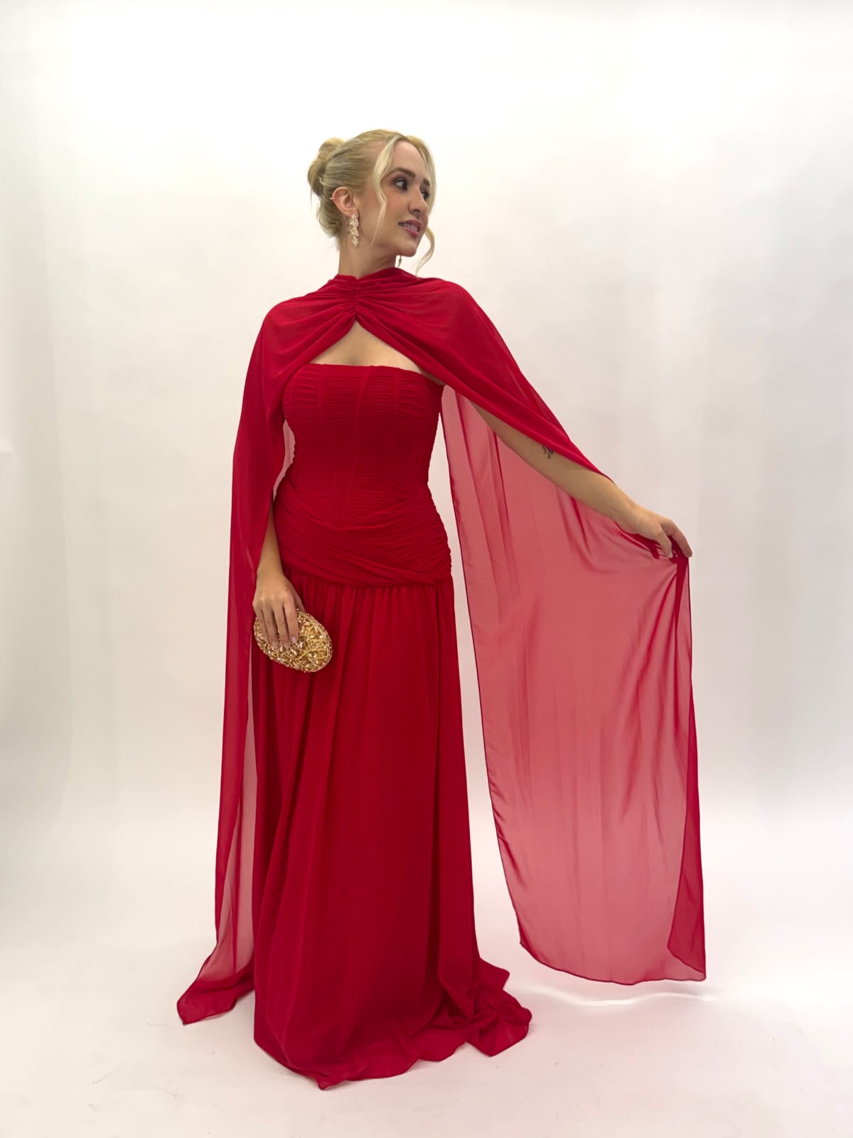 Vestido de Festa tomara que caia com capa e corpo baixo em musseline - COD 1026