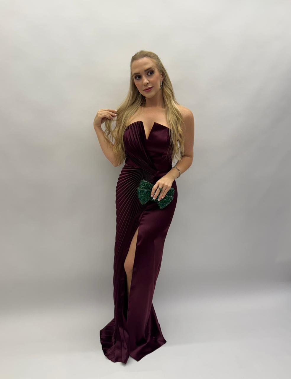 Vestido de Festa tomara que caia plissado e liso com cinto em crepe acetinado - COD 3004