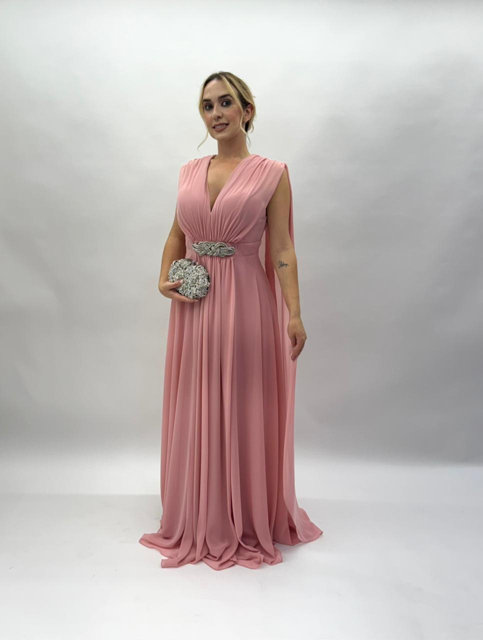 Vestido de Festa manga capa todo em chiffon com detalhe brilhoso  - COD 1017