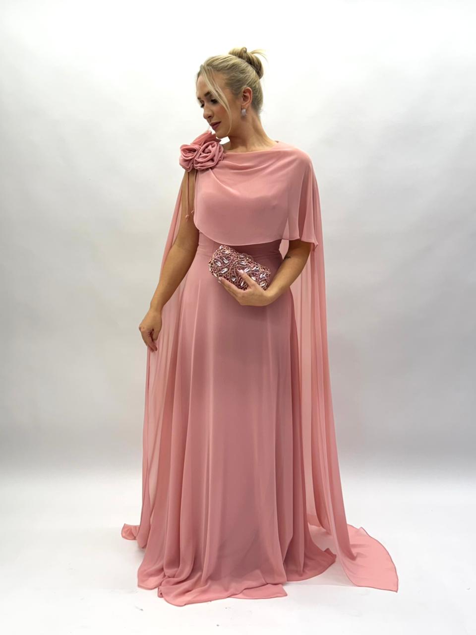 Vestido em musseline com capa e flor - COD 1022