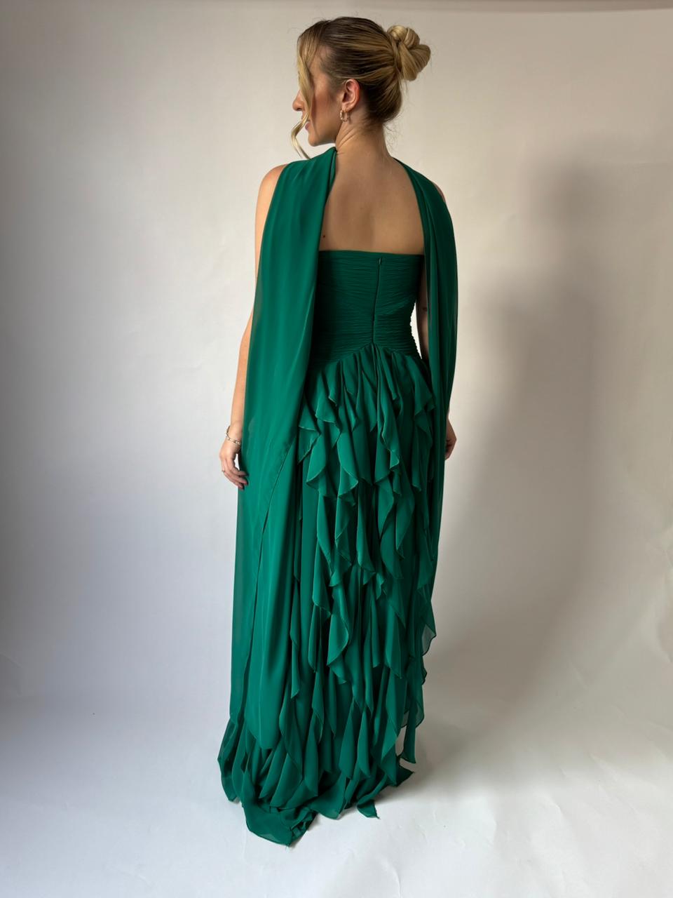 Vestido de Festa decote V e saia com babados verticais - COD 1019