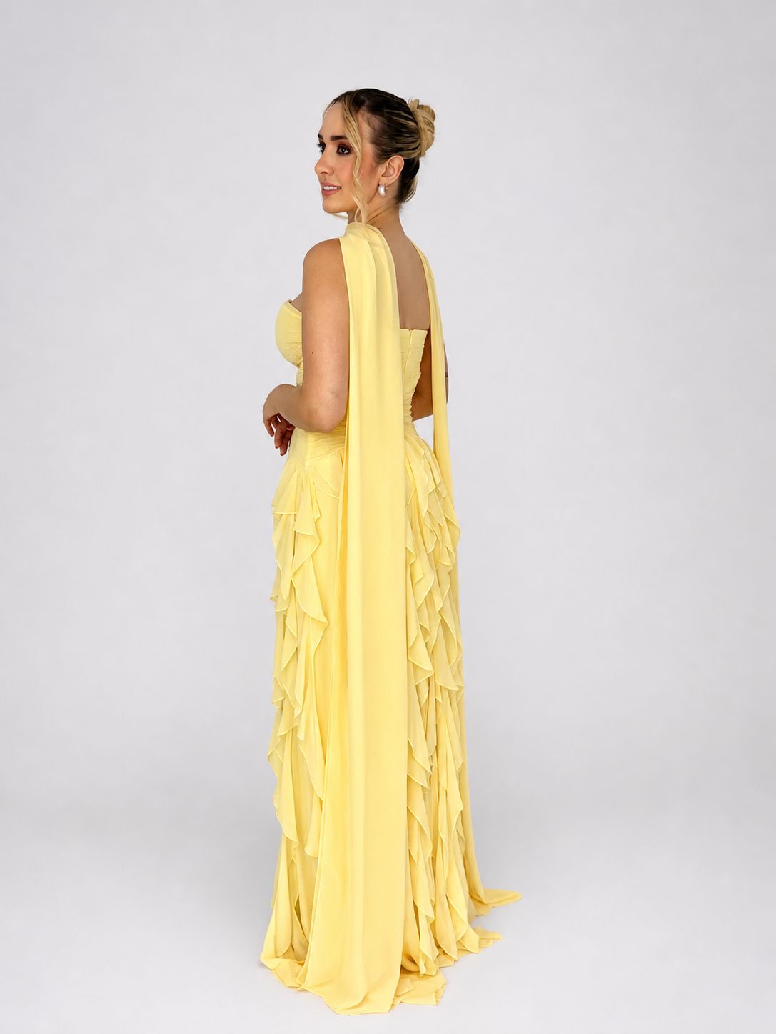 Vestido de Festa decote V e saia com babados verticais - COD 1019