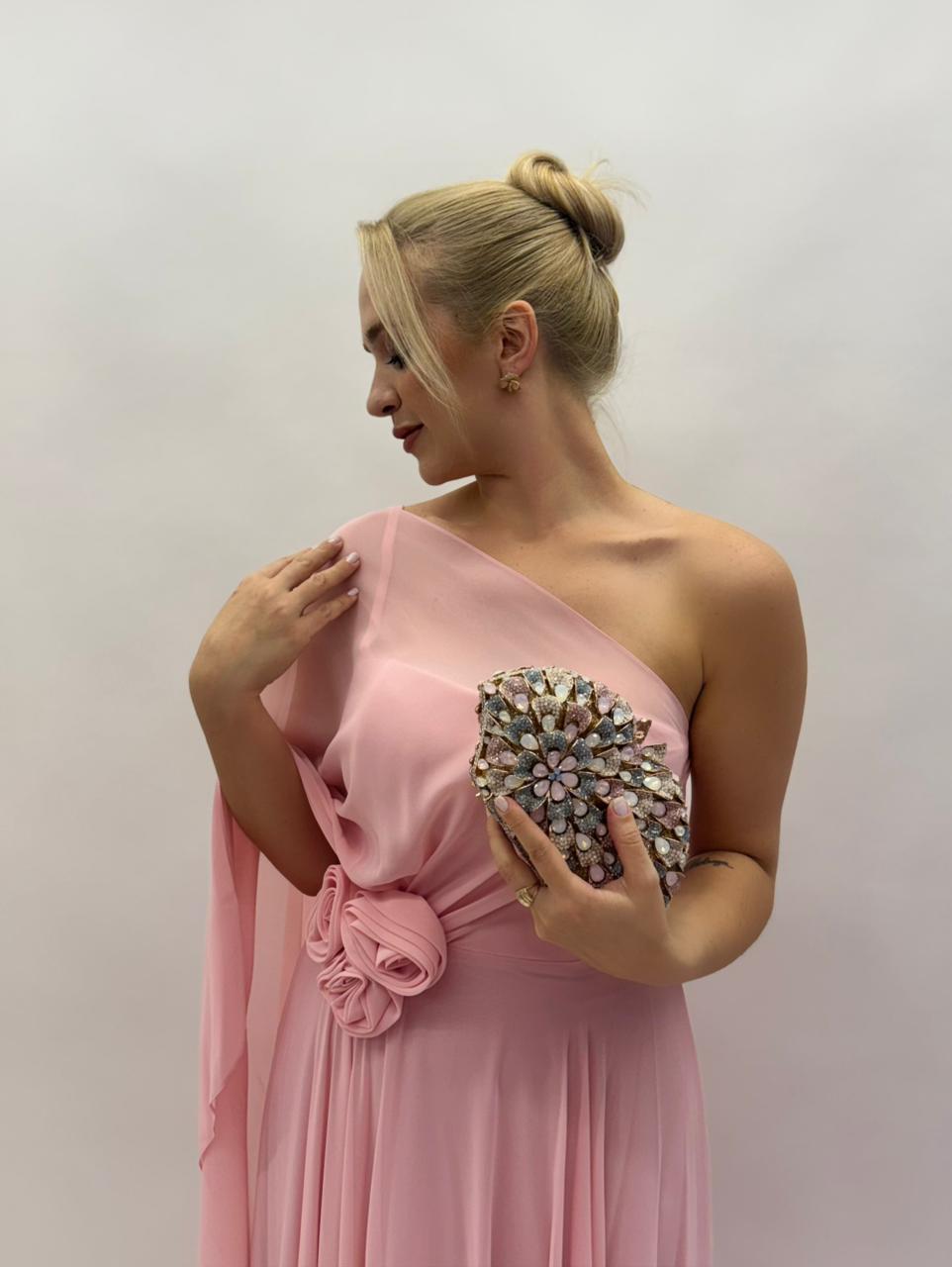 Vestido de Festa em musseline um ombro com flor - COD 1025