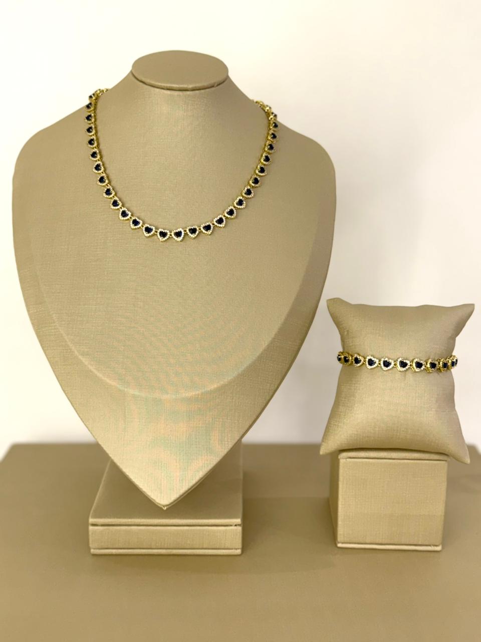Conjunto Semijoia Coração Cravejado - Banhado a Ouro 18k