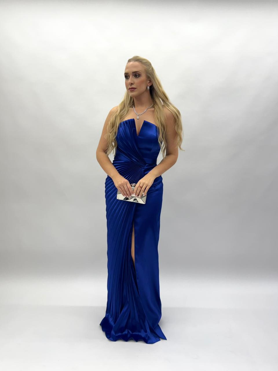 Vestido de Festa tomara que caia plissado e liso com cinto em crepe acetinado - COD 3004
