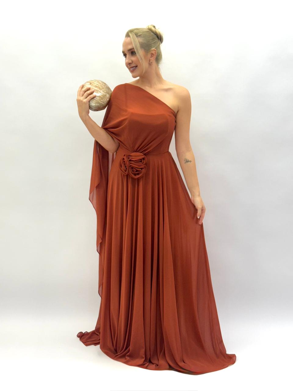 Vestido de Festa em musseline um ombro com flor - COD 1025