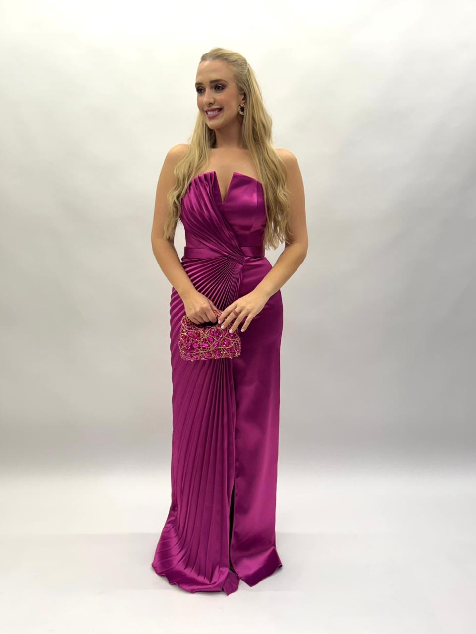 Vestido de Festa tomara que caia plissado e liso com cinto em crepe acetinado - COD 3004