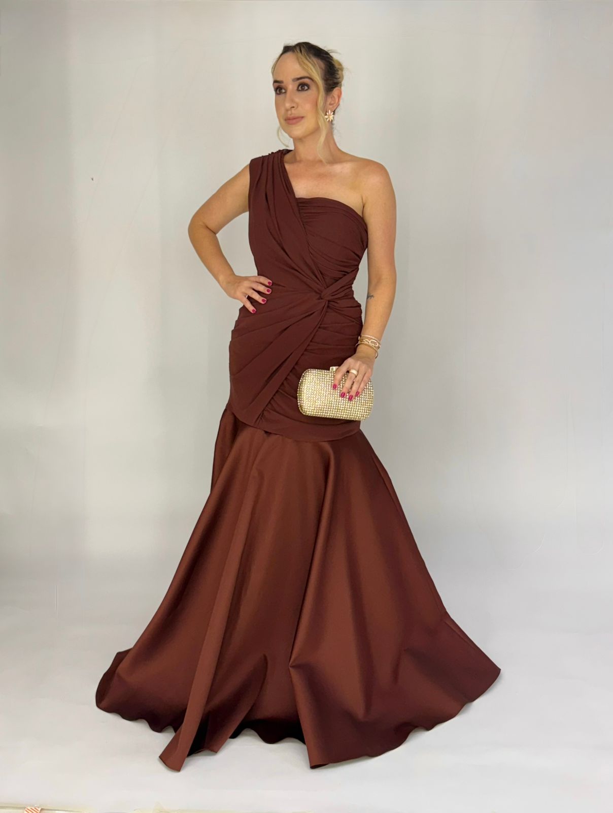 Vestido de Festa modelo sereia decote um ombro em zibeline e crepe - COD 1018