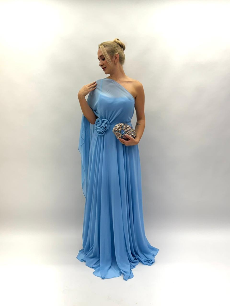 Vestido de Festa em musseline um ombro com flor - COD 1025