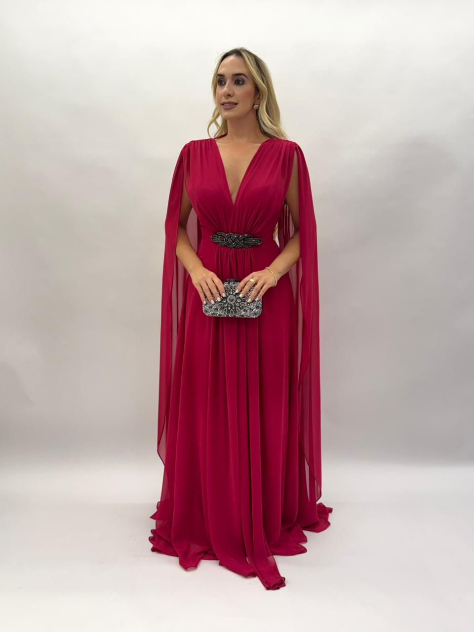 Vestido de Festa manga capa todo em chiffon com detalhe brilhoso  - COD 1017