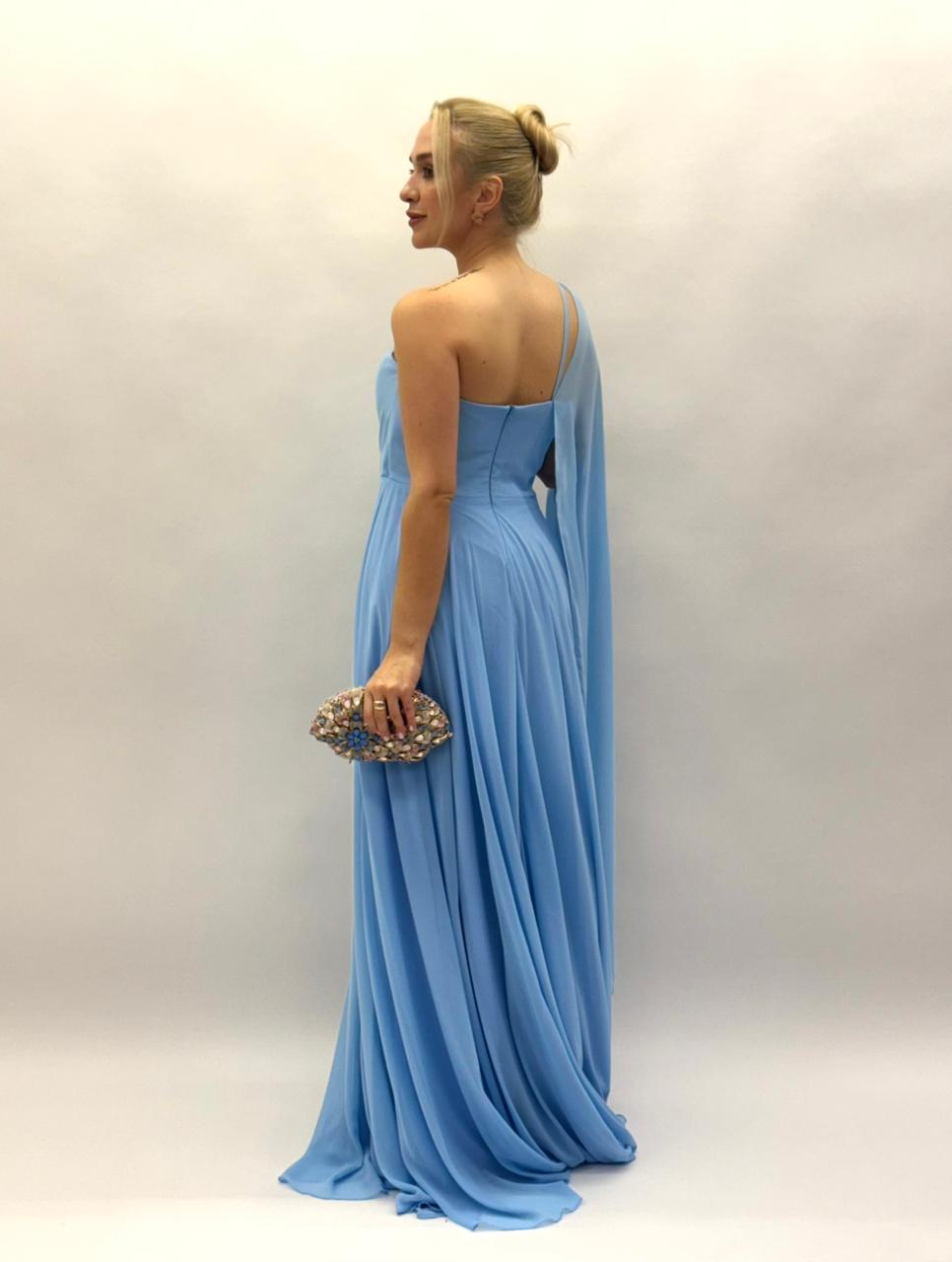 Vestido de Festa em musseline um ombro com flor - COD 1025