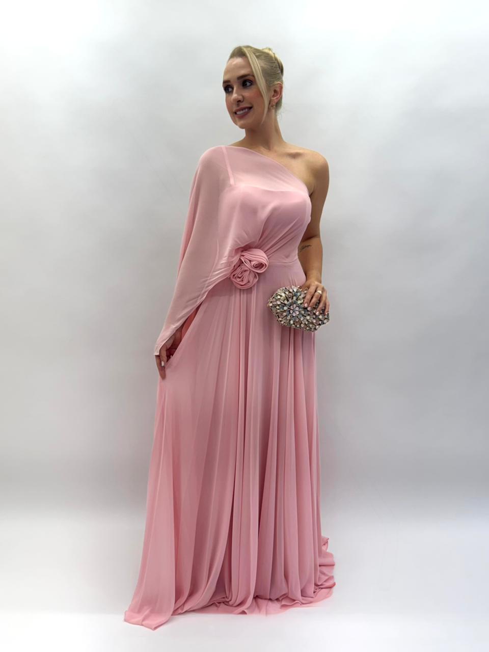 Vestido de Festa em musseline um ombro com flor - COD 1025