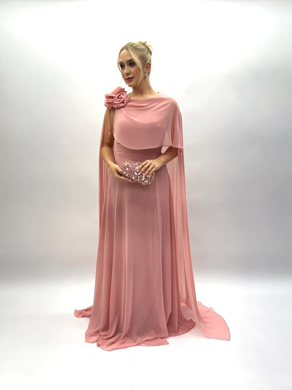 Vestido em musseline com capa e flor - COD 1022