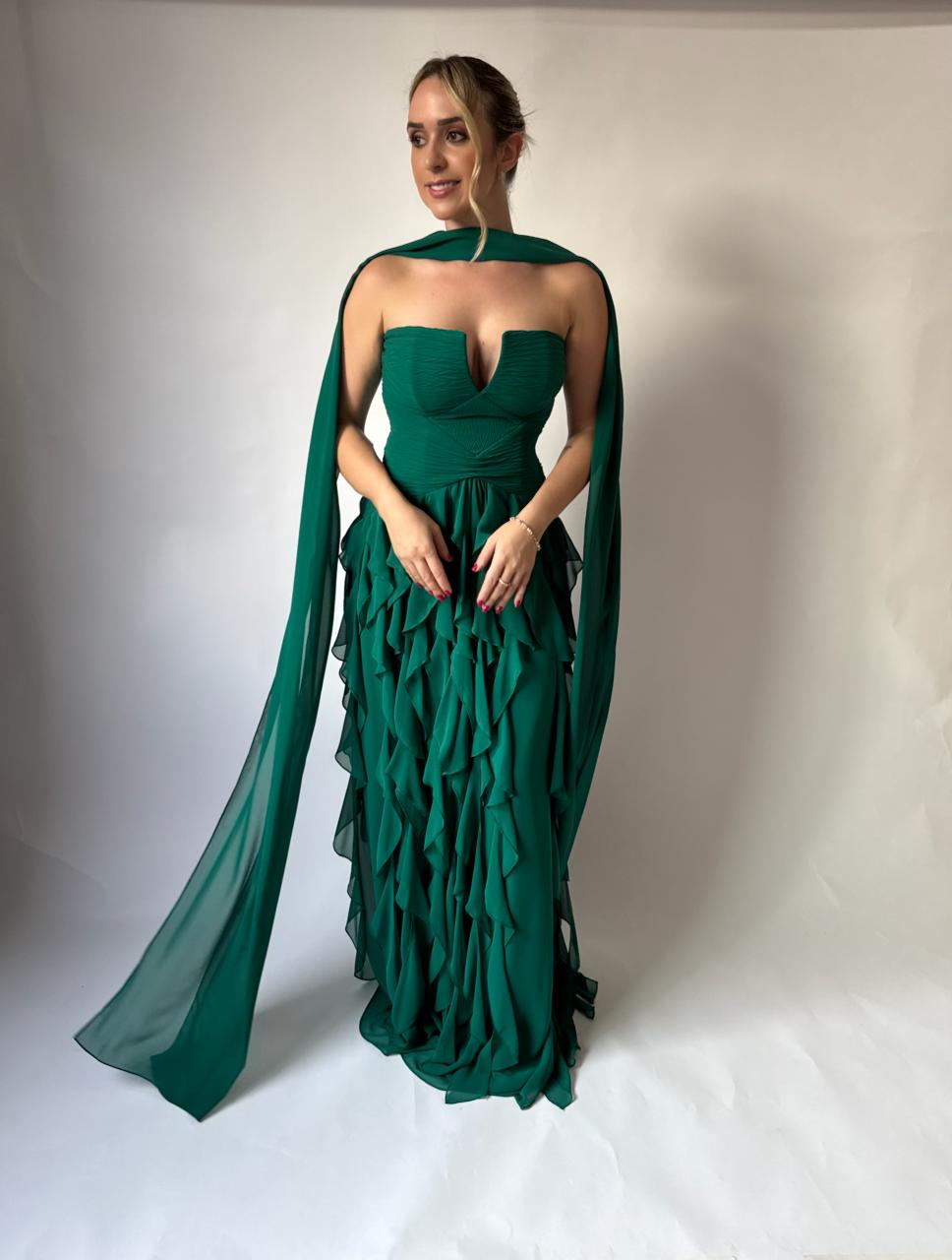 Vestido de Festa decote V e saia com babados verticais - COD 1019