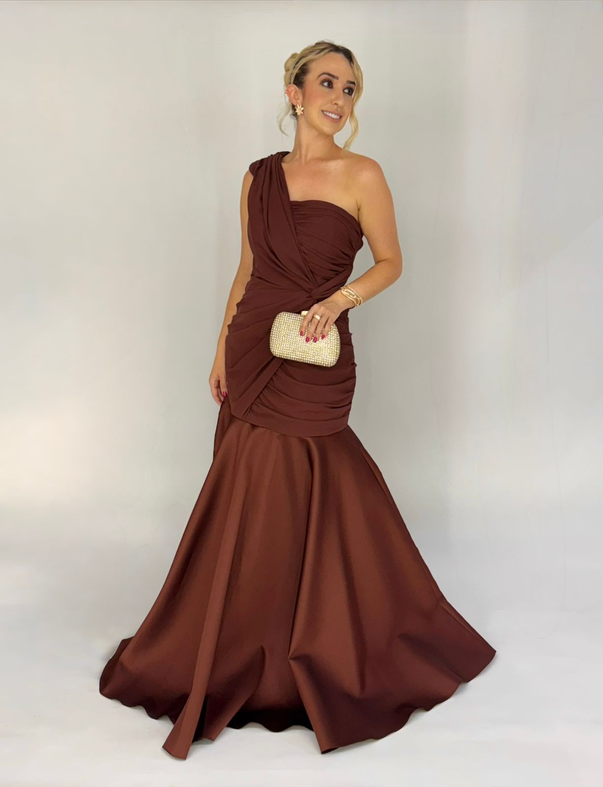 Vestido de Festa modelo sereia decote um ombro em zibeline e crepe - COD 1018