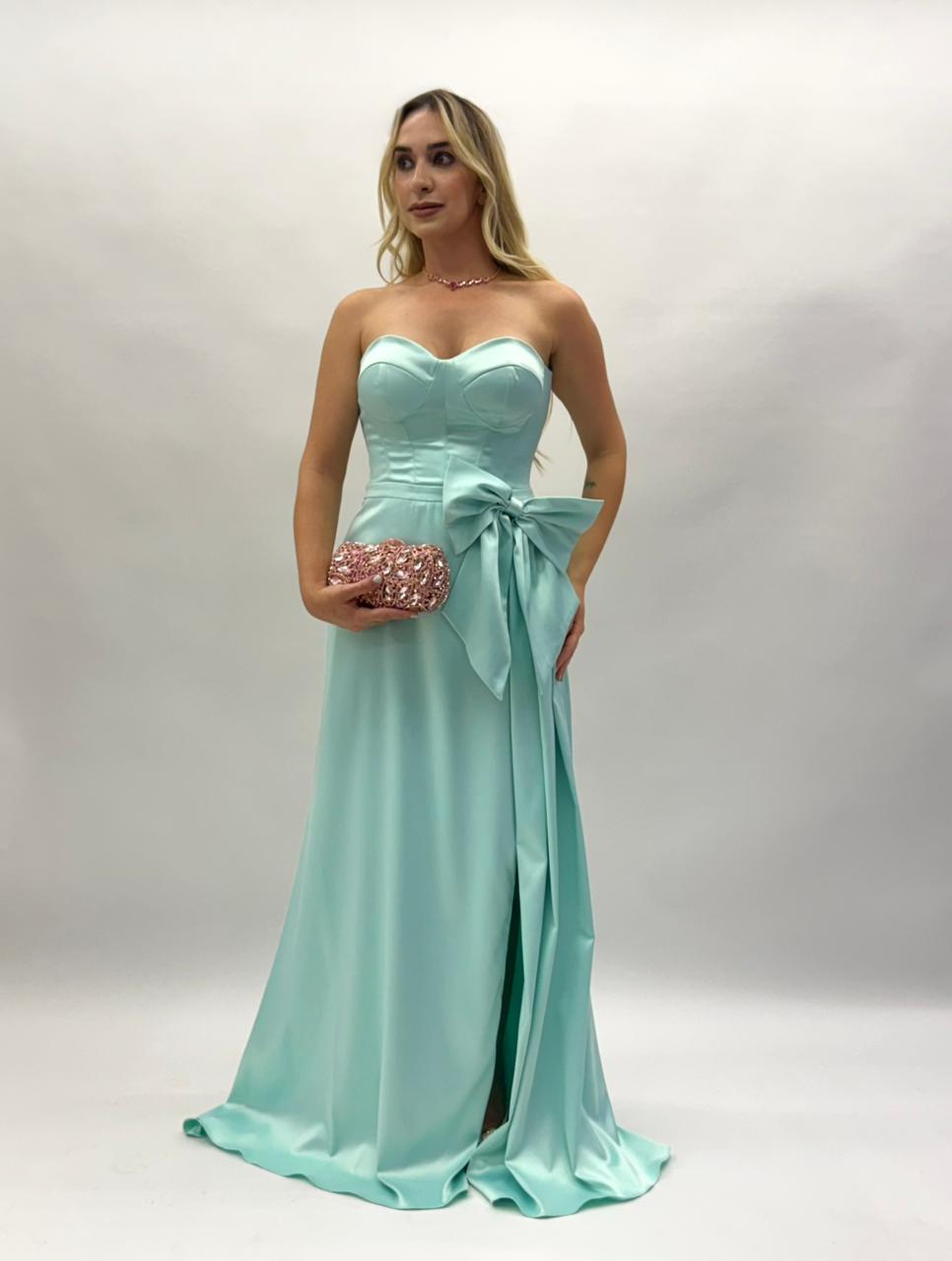 Vestido tomara que caia com laço em crepe acetinado - COD 2002