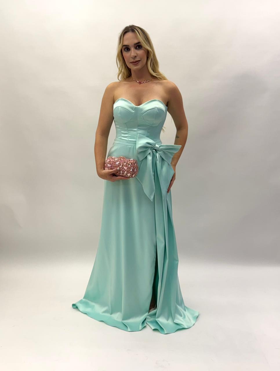 Vestido tomara que caia com laço em crepe acetinado - COD 2002