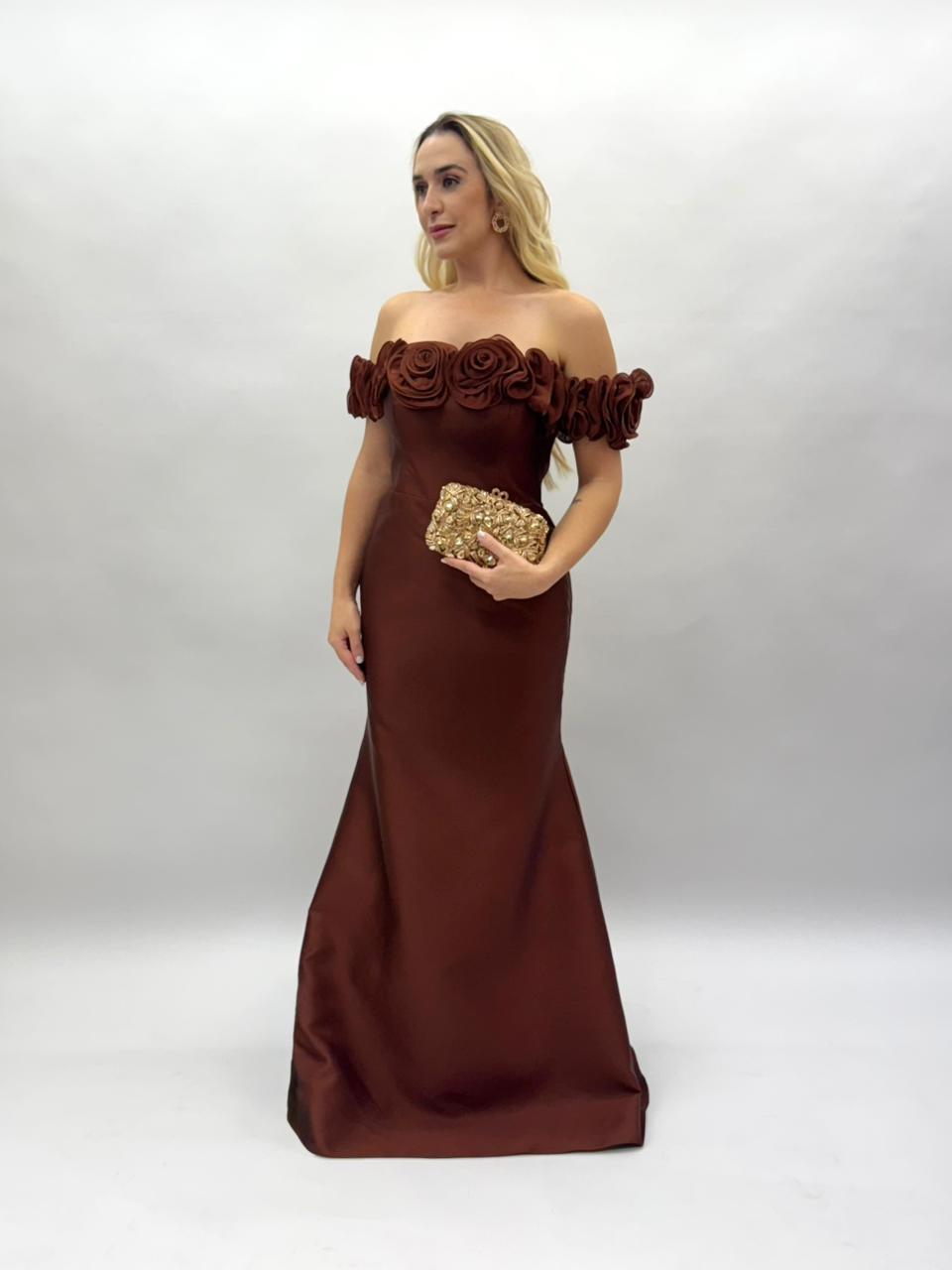 Vestidos ombro a ombro em Zibeline com flores - COD 1021
