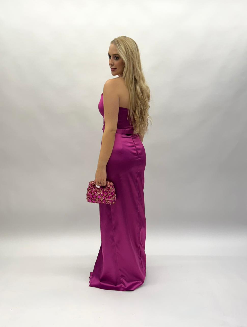 Vestido de Festa tomara que caia plissado e liso com cinto em crepe acetinado - COD 3004