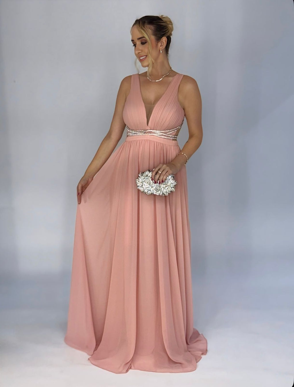 Vestido de Festa fluido em chiffon com detalhe de strass na cintura - COD 2010