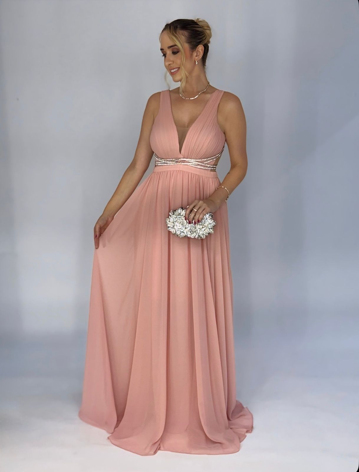 Vestido de Festa fluido em chiffon com detalhe de strass na cintura - COD 2010