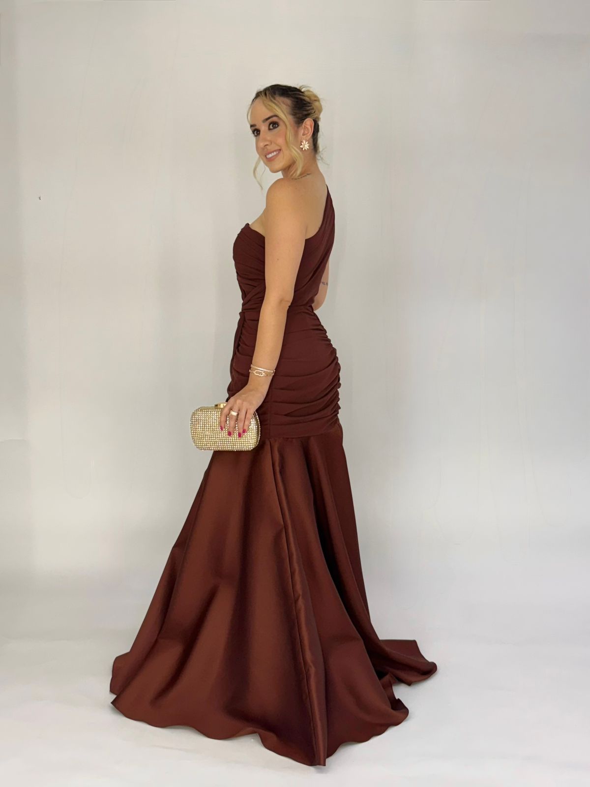Vestido de Festa modelo sereia decote um ombro em zibeline e crepe - COD 1018