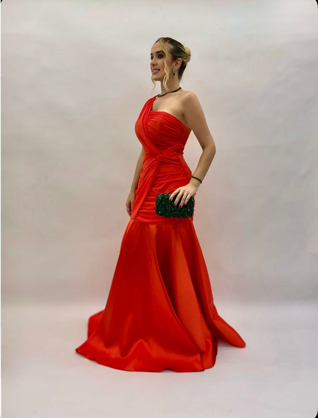 Vestido de Festa modelo sereia decote um ombro em zibeline e crepe - COD 1018