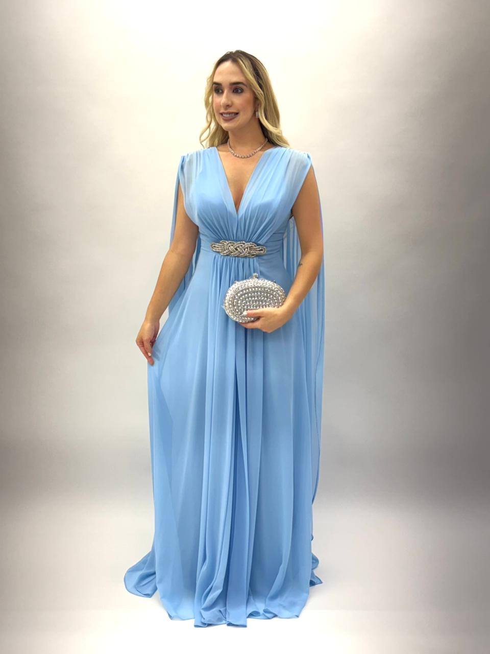 Vestido de Festa manga capa todo em chiffon com detalhe brilhoso  - COD 1017
