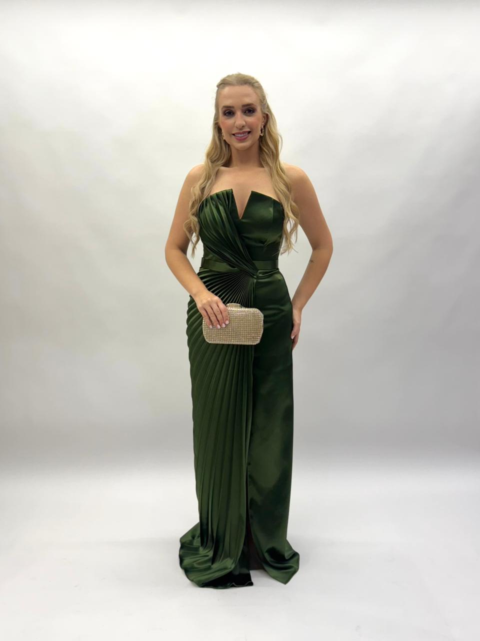 Vestido de Festa tomara que caia plissado e liso com cinto em crepe acetinado - COD 3004