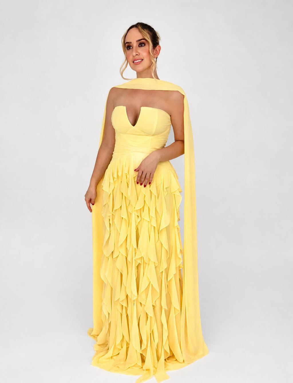 Vestido de Festa decote V e saia com babados verticais - COD 1019