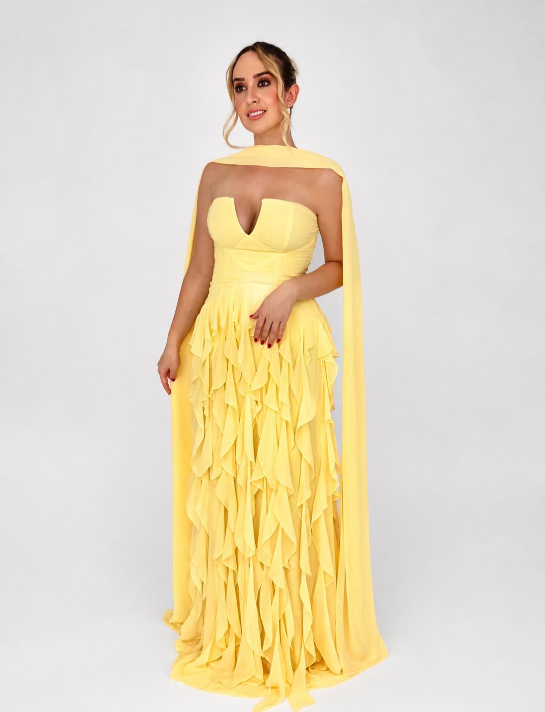 Vestido de Festa decote V e saia com babados verticais - COD 1019