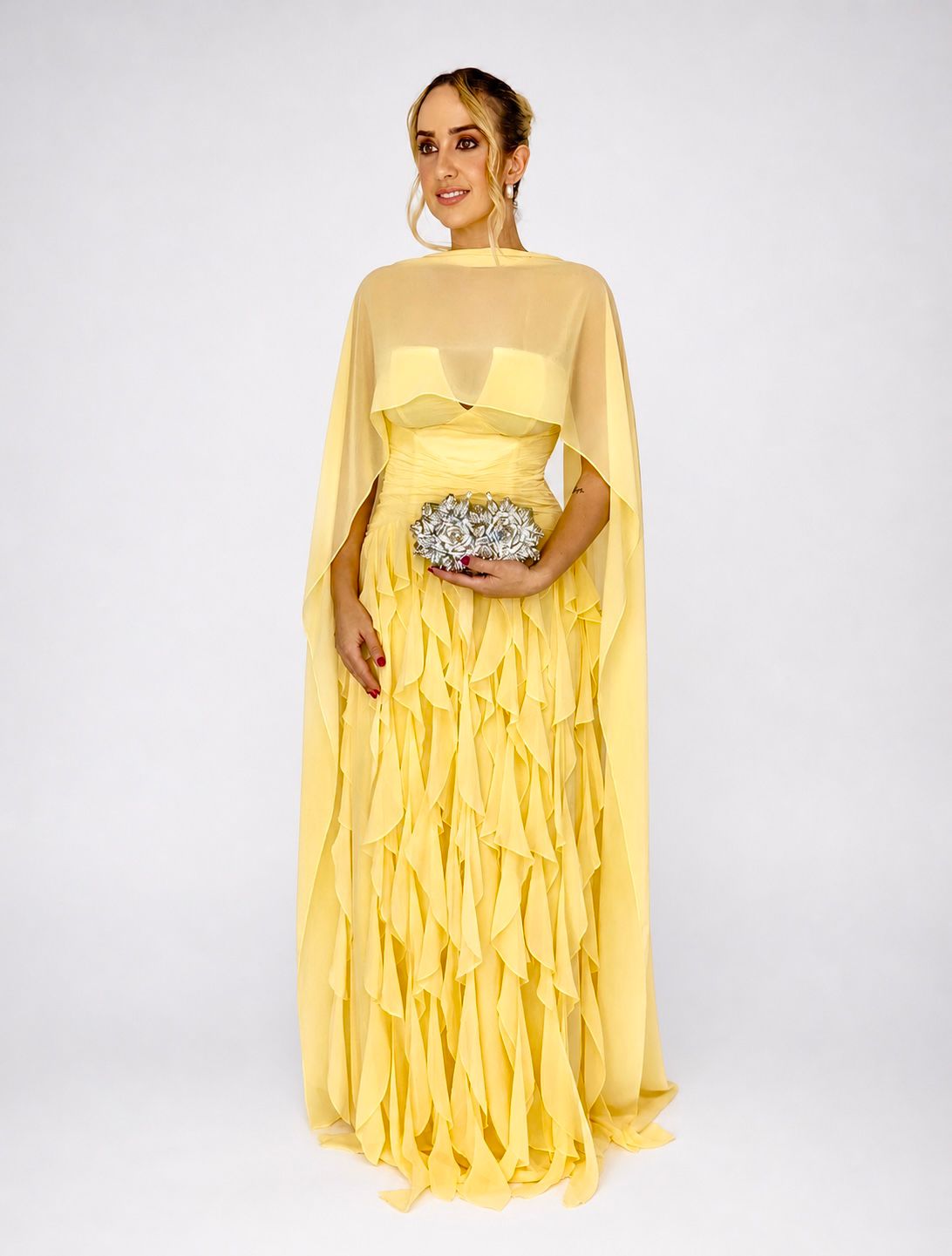 Vestido de Festa decote V e saia com babados verticais - COD 1019