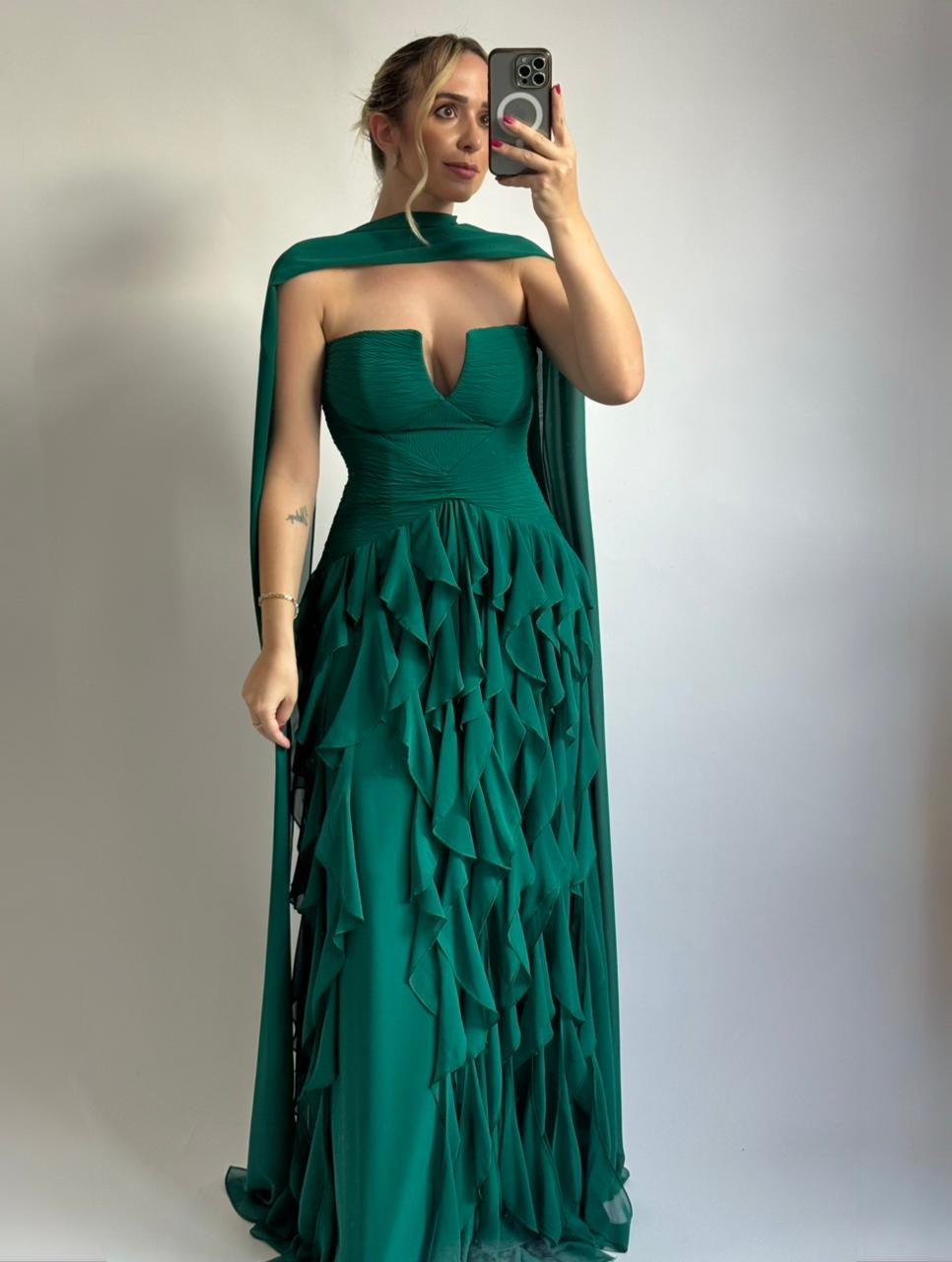 Vestido de Festa decote V e saia com babados verticais - COD 1019