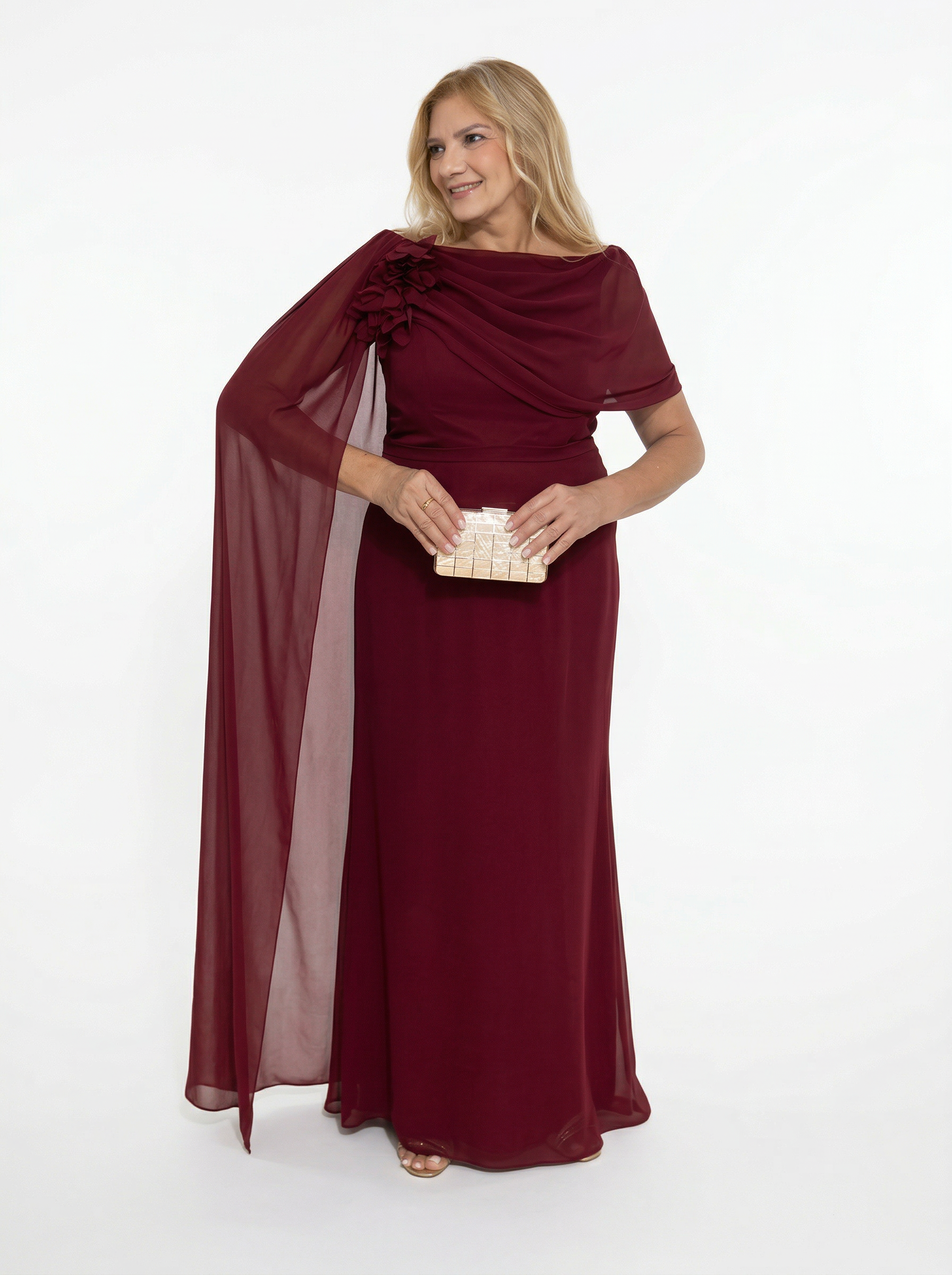 Vestido de festa em chiffon com capa lateral - COD 3001