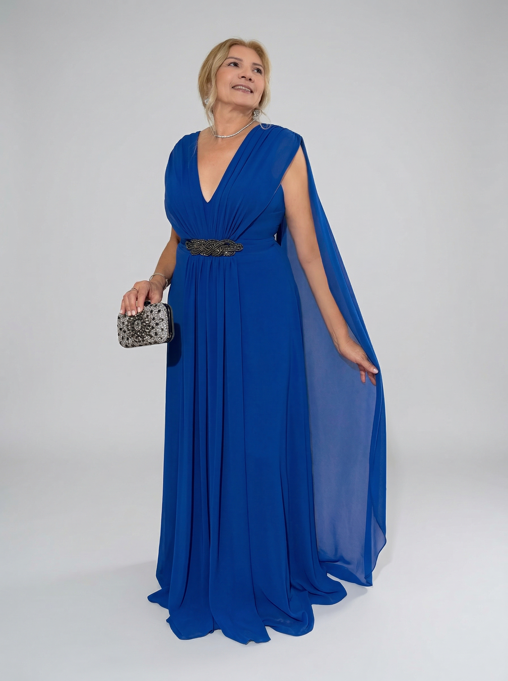 Vestido de Festa manga capa todo em chiffon com detalhe brilhoso  - COD 1017