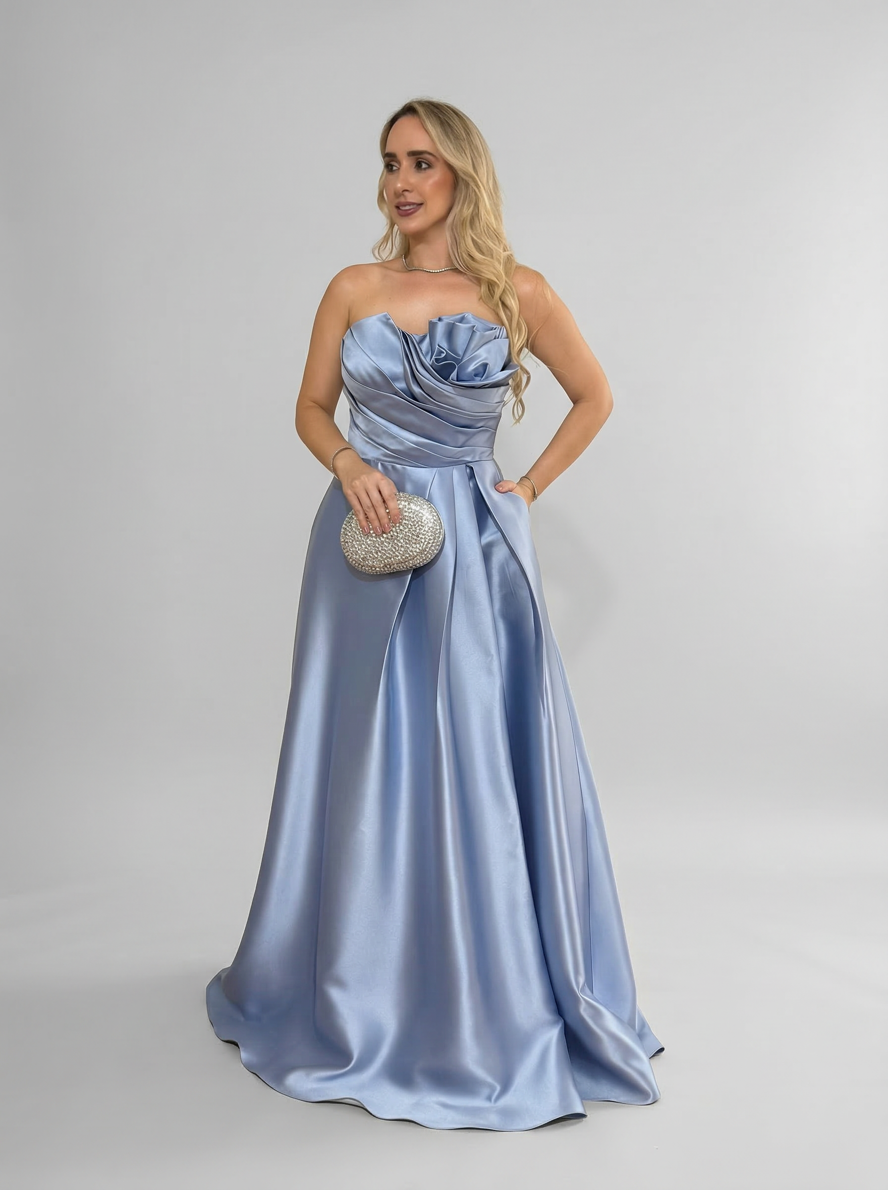Vestido de Festa tomara que caia em zibeline busto pregas assimetricas - COD 3003