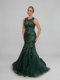 Vestido de festa bordado em pedrarias modelo semi sereia Verde esmeralda  - COD 5007