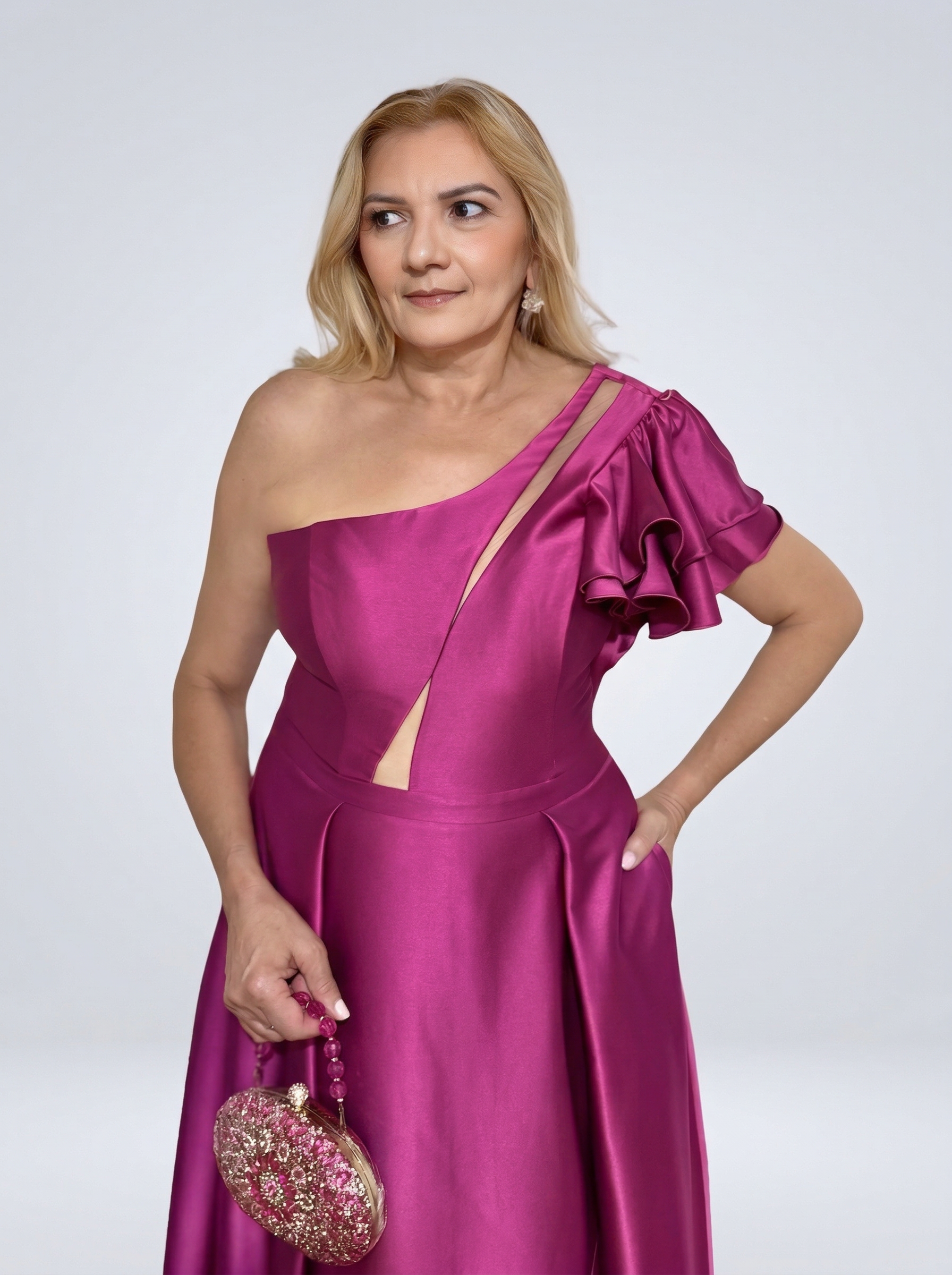 Vestido de festa um ombro com babados e saia com boldos laterais - COD 2009