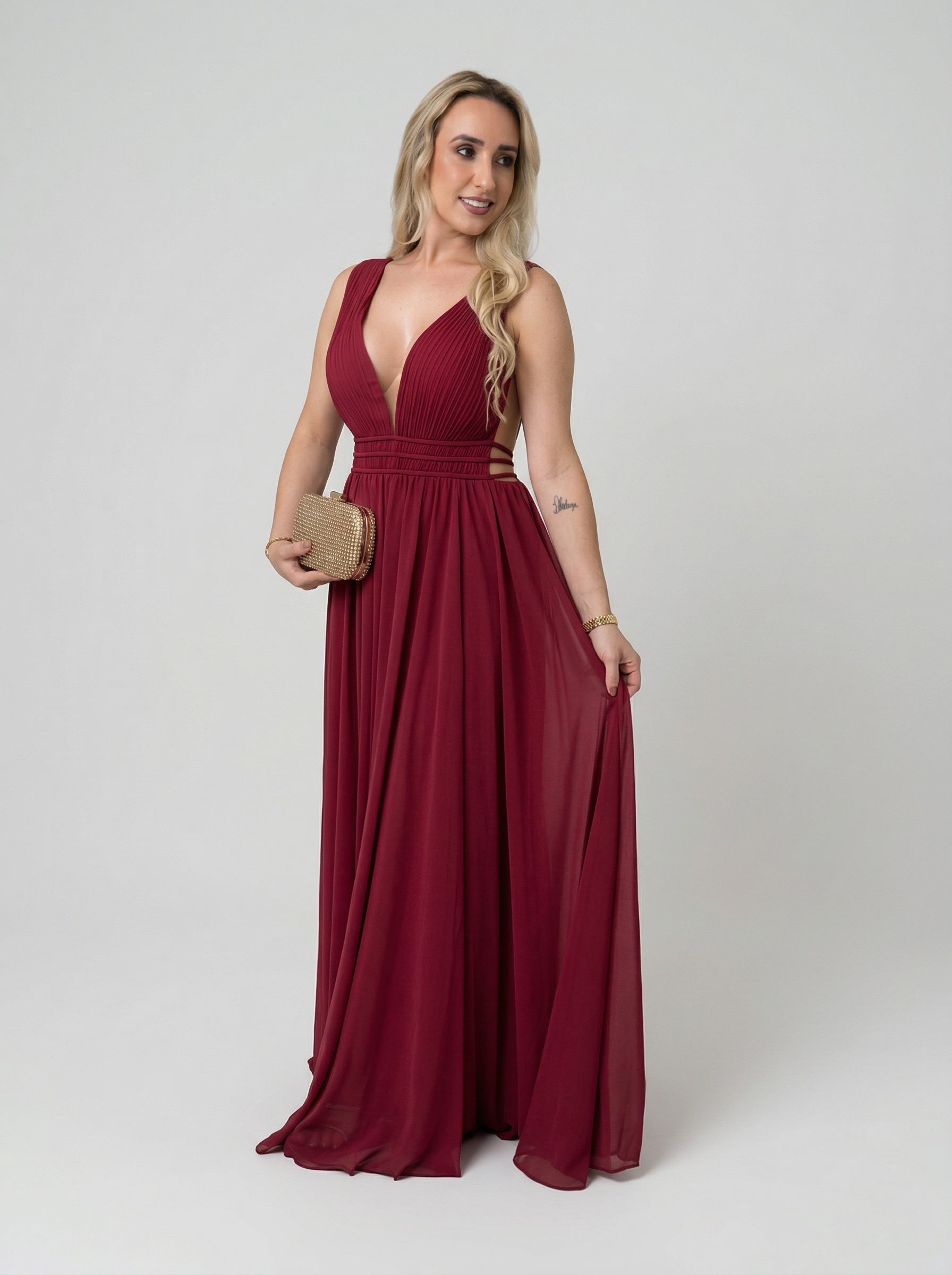 Vestido de festa em chiffon com trasparencia nas laterais - COD 2006